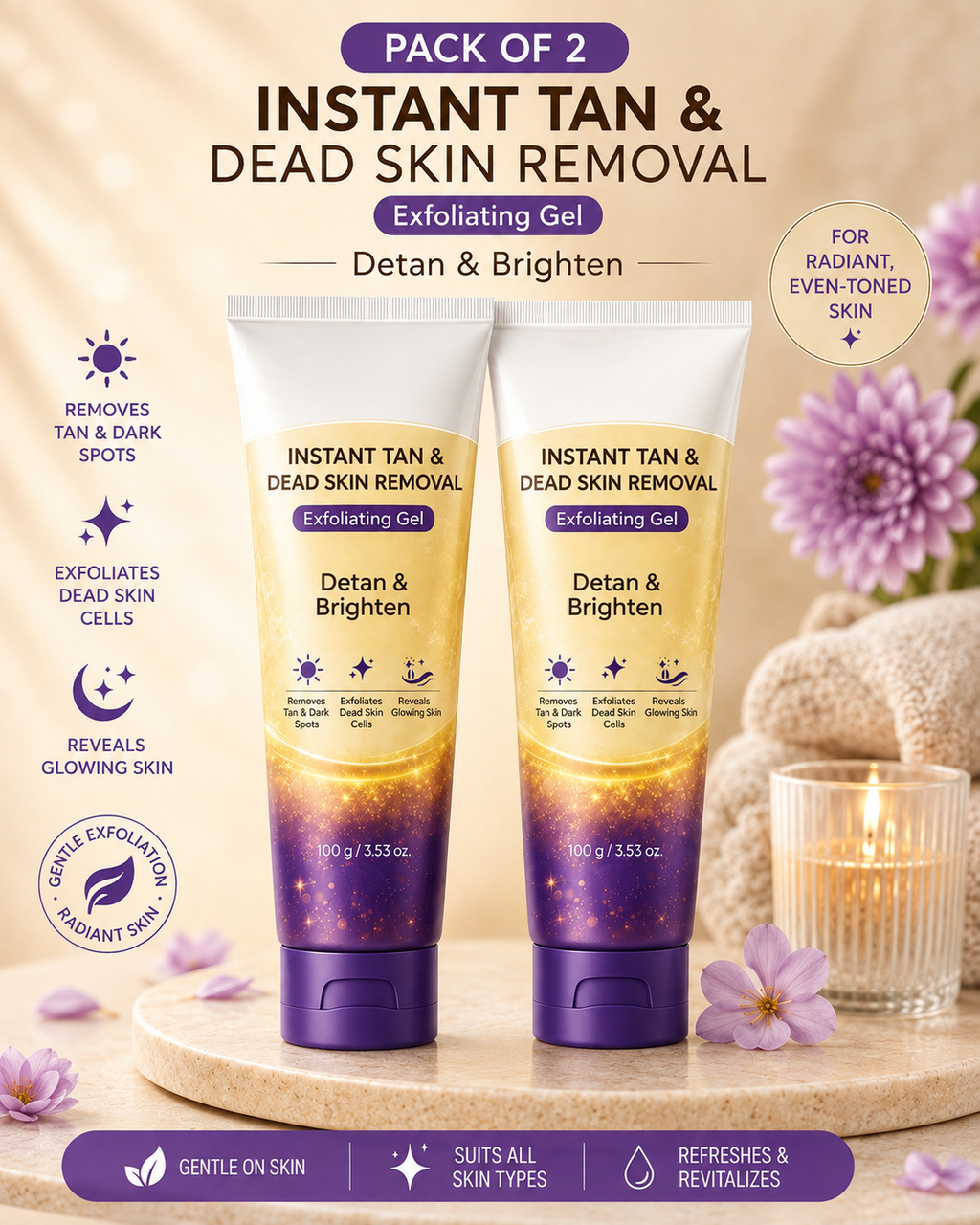 (Pack of 2) Instant Tan Removal De Tan Face & Body Pack – Sun Tan Removal Cream for Glowing Skin, Neck, Hands & Sun Damage Care