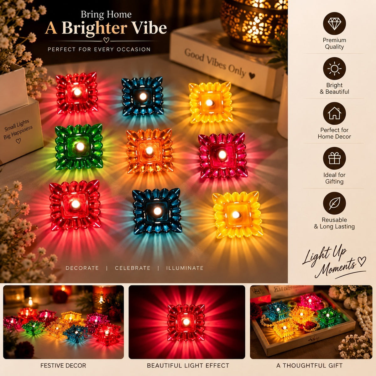 (Pack of 12) Decorative Diwali Diyas 3D Reflection Diya – Multicolour Floating Oil Lamp & Candle Diya for Festive Home Decoration