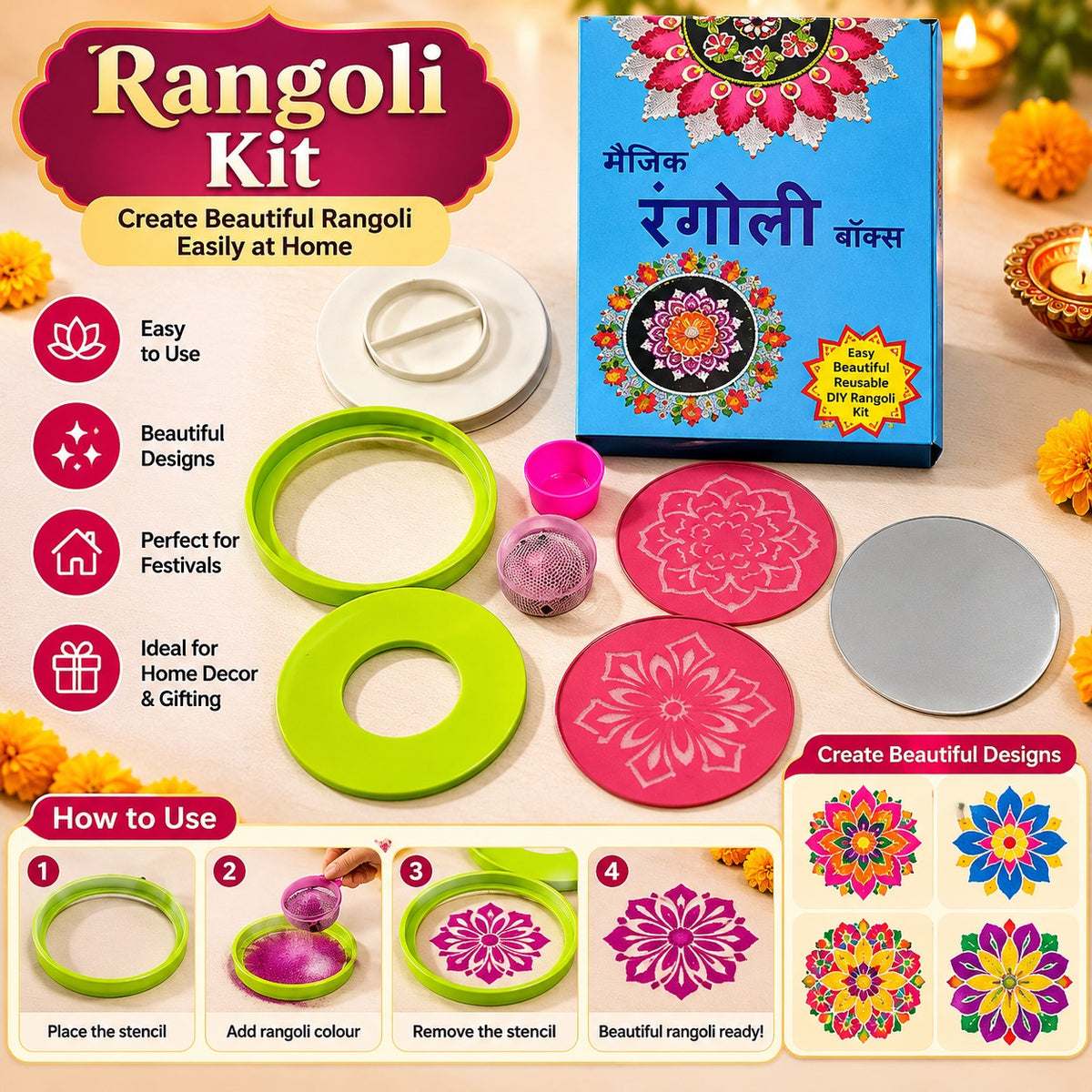 Rangoli Making Kit Box with Stencils – 4-Inch Jali Stamp Tool, Printed & Plain Stencil Plates for Diwali Floor Art & Kolam Decor