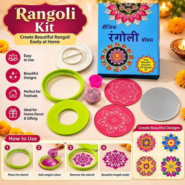 Rangoli Making Kit Box with Stencils – 4-Inch Jali Stamp Tool, Printed & Plain Stencil Plates for Diwali Floor Art & Kolam Decor