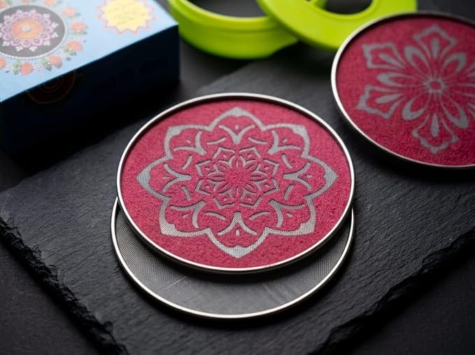 Rangoli Making Kit Box with Stencils – 4-Inch Jali Stamp Tool, Printed & Plain Stencil Plates for Diwali Floor Art & Kolam Decor