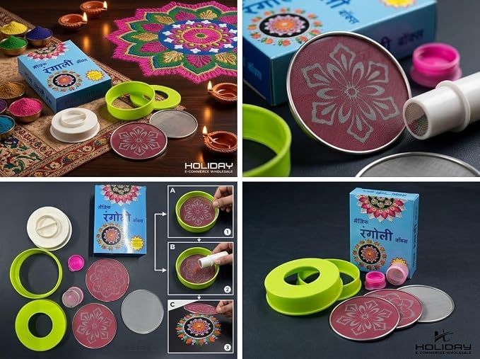 Rangoli Making Kit Box with Stencils – 4-Inch Jali Stamp Tool, Printed & Plain Stencil Plates for Diwali Floor Art & Kolam Decor