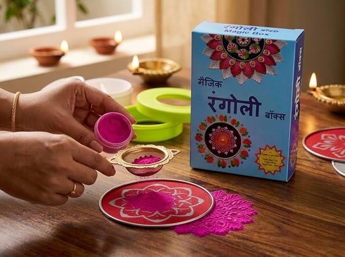 Rangoli Making Kit Box with Stencils – 4-Inch Jali Stamp Tool, Printed & Plain Stencil Plates for Diwali Floor Art & Kolam Decor