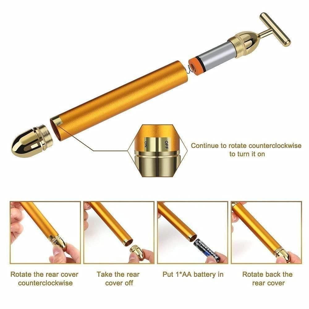 24K Gold Electric Facial Massager – T-Shaped Beauty Bar for Anti-Aging & Lifting