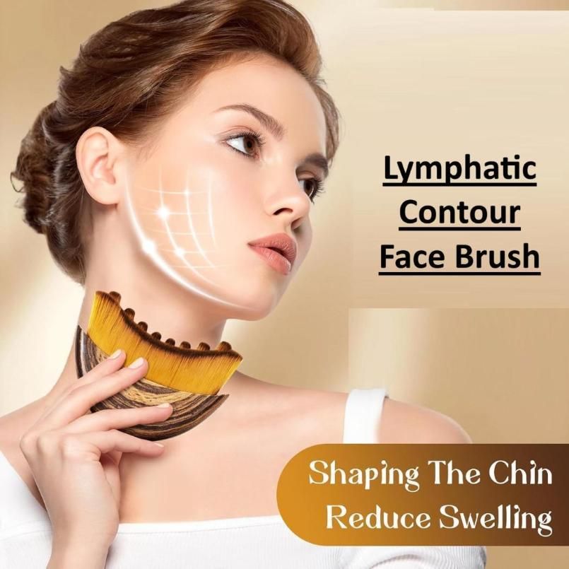 Woman holding a lymphatic contour face brush with text on a beige background