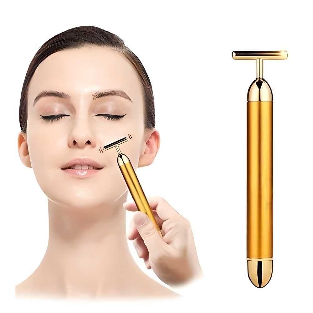 24K Gold Electric Facial Massager – T-Shaped Beauty Bar for Anti-Aging & Lifting