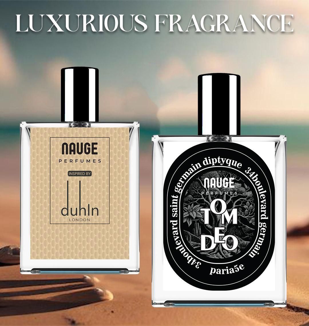 Two Naçègue Perfumes bottles on a beach with 'Luxurious Fragrance' text above.