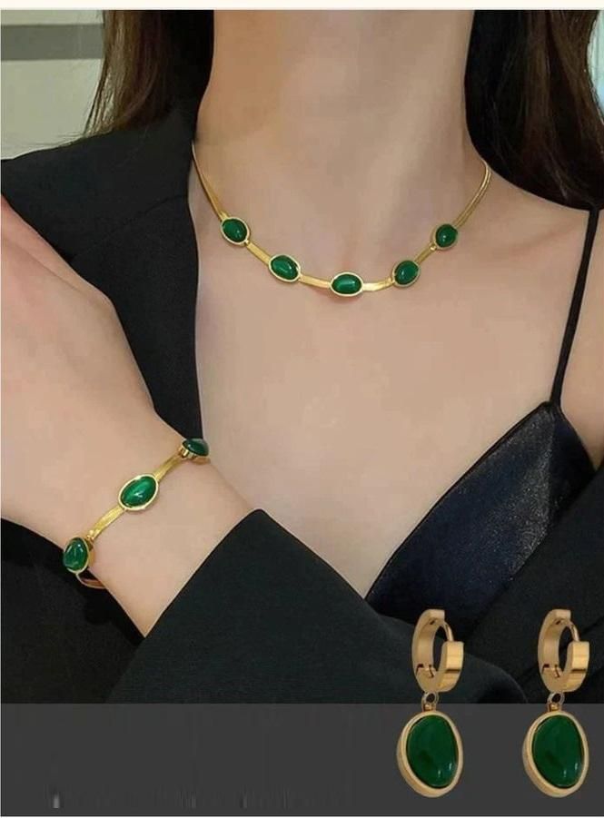 Luxury Oval Green Crystal Jewelry Set – 18K Gold-Plated Necklace & Bracelet (Emerald Green)