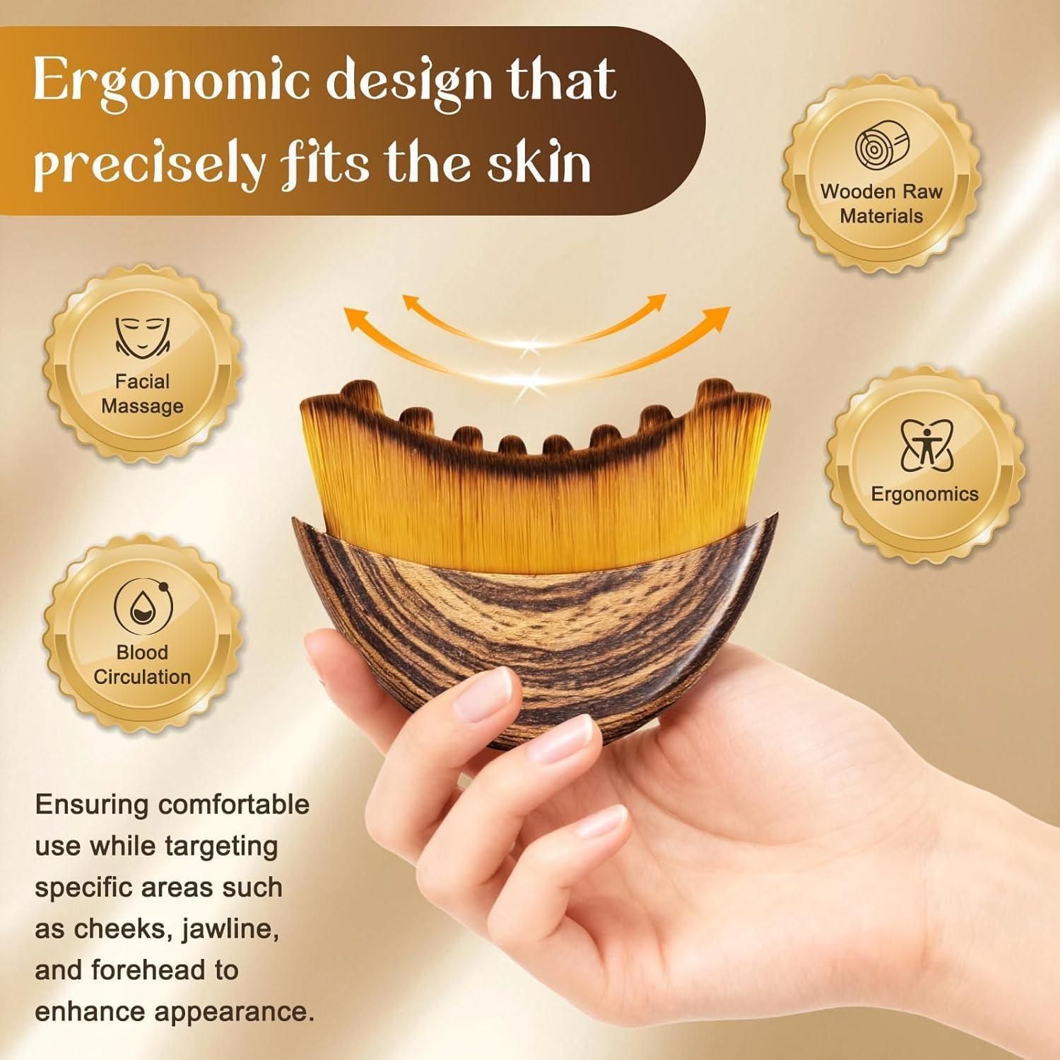 Wooden facial brush held by a hand with text highlighting ergonomic design and benefits on a beige background.