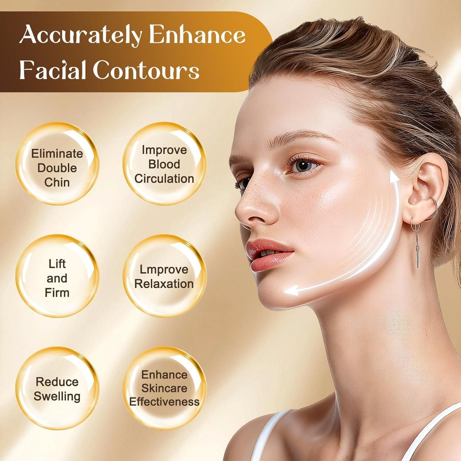 Woman's face with text and icons about facial contour enhancement on a beige background