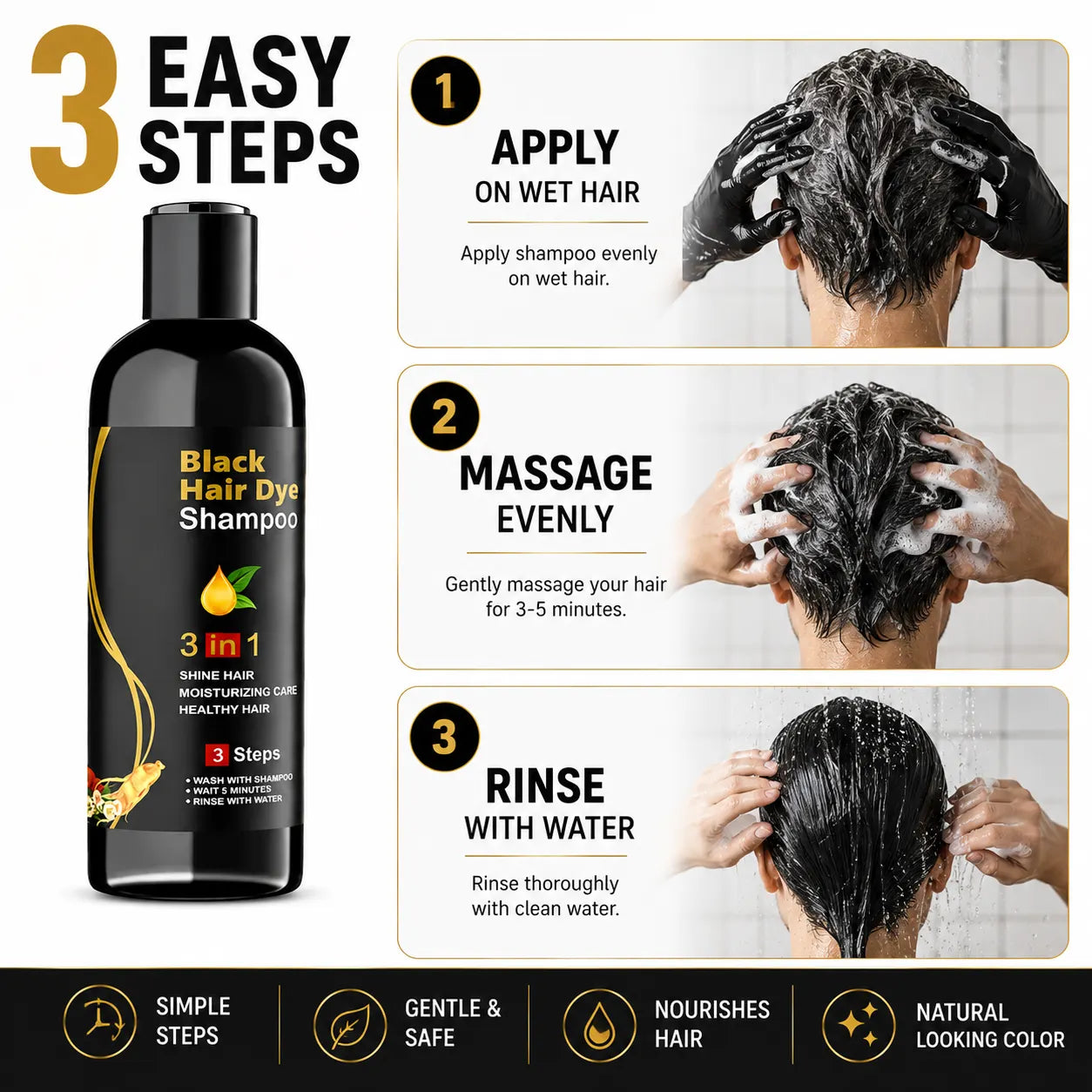 Instant Black Hair Dye Color Shampoo (Pack of 2) – 3-in-1 Natural Hair Dye Shampoo for Men & Women