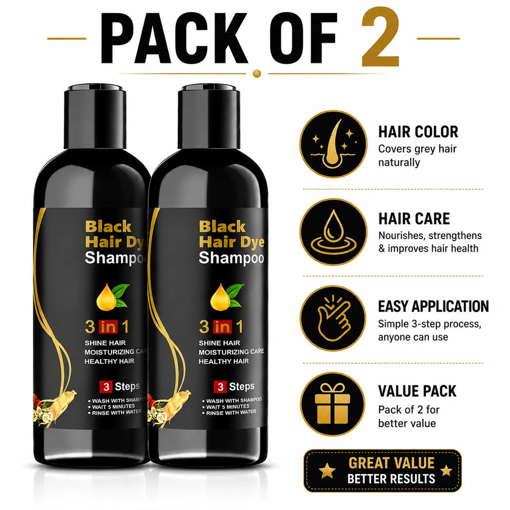Instant Black Hair Dye Color Shampoo (Pack of 2) – 3-in-1 Natural Hair Dye Shampoo for Men & Women