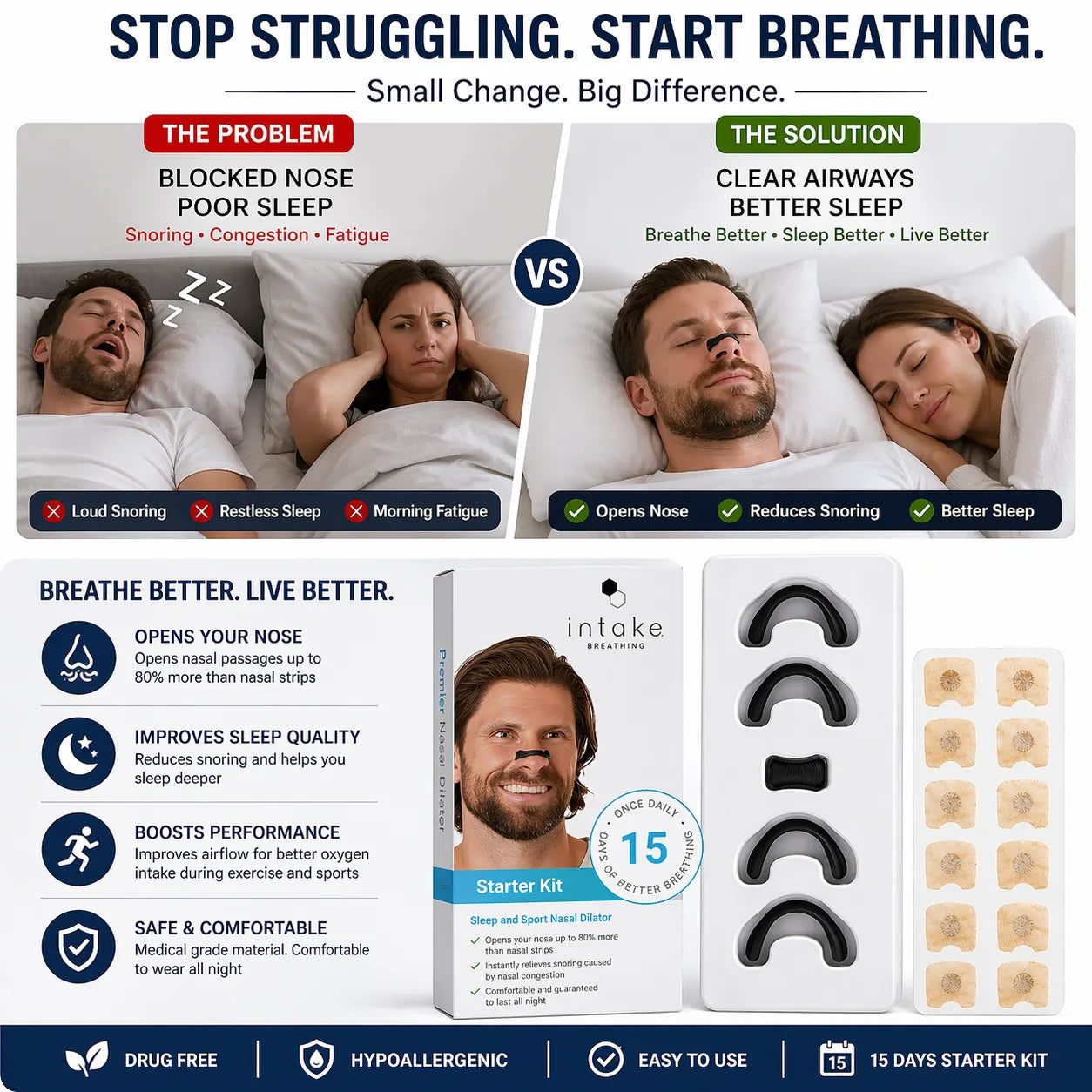 Breathing Nasal Strips Starter Kit – Anti-Snoring & Instant Nasal Congestion Relief for Better Sleep