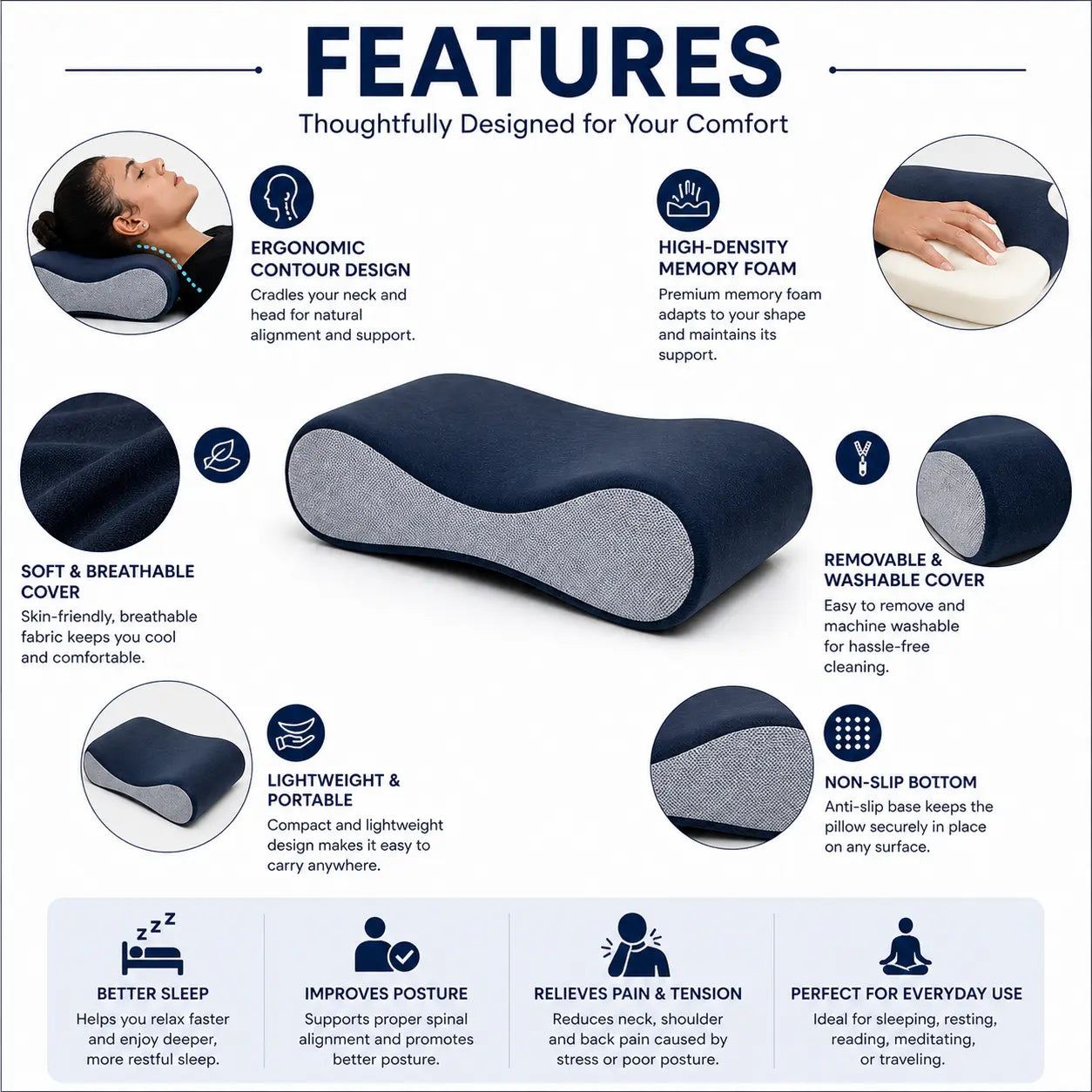 Cervical Pillow for Neck Pain Relief – Orthopedic Neck Support Pillow for Sleeping | Memory Foam Shoulder Pain Relief Pillow | Cervical Spine Support
