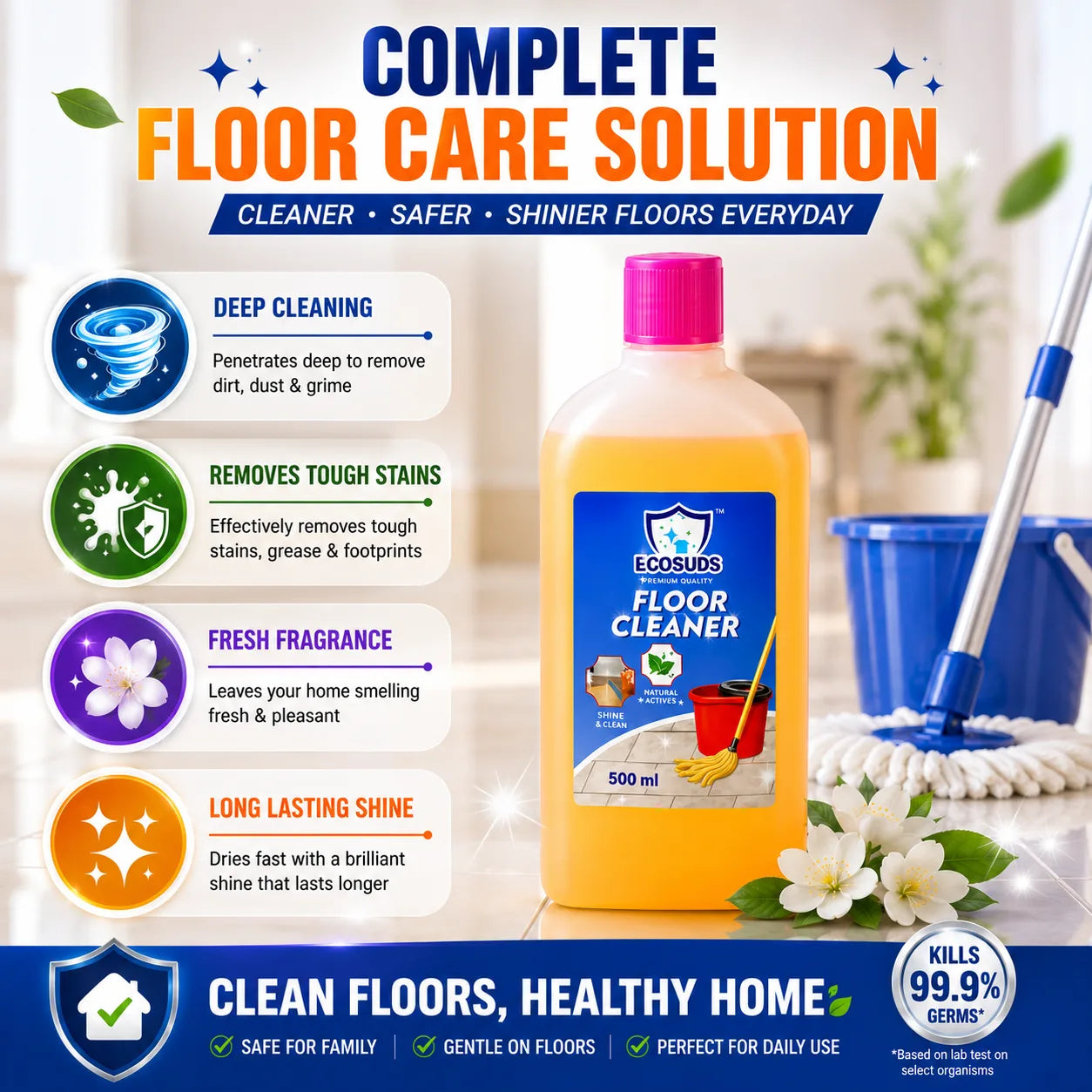 Floor Cleaning Liquid, Natural Hardwood & Tile Cleaner | Ecosuds 500ml