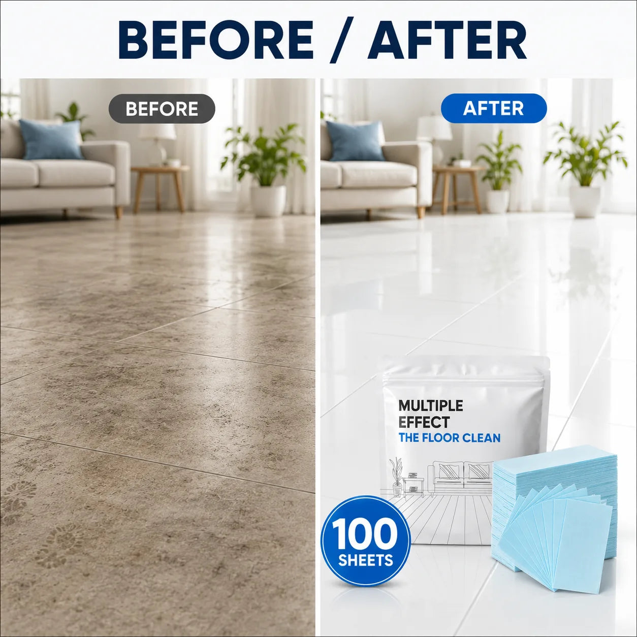 (100 Sheets) Floor Cleaning Wipes Soluble Mopping Sheets – Multi-Surface Tile Cleaner & Floor Wipe