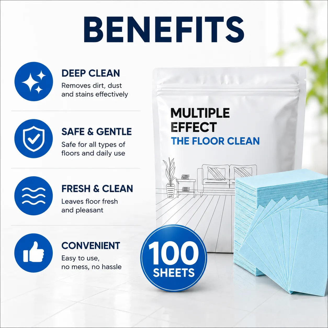 (100 Sheets) Floor Cleaning Wipes Soluble Mopping Sheets – Multi-Surface Tile Cleaner & Floor Wipe