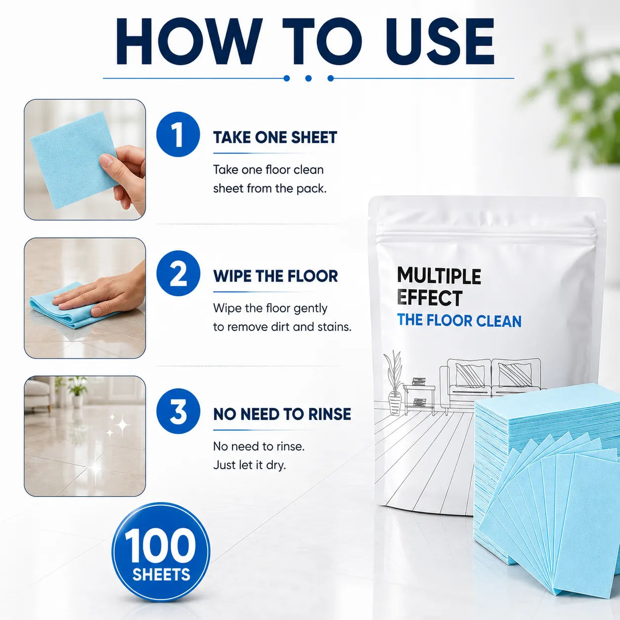 (100 Sheets) Floor Cleaning Wipes Soluble Mopping Sheets – Multi-Surface Tile Cleaner & Floor Wipe