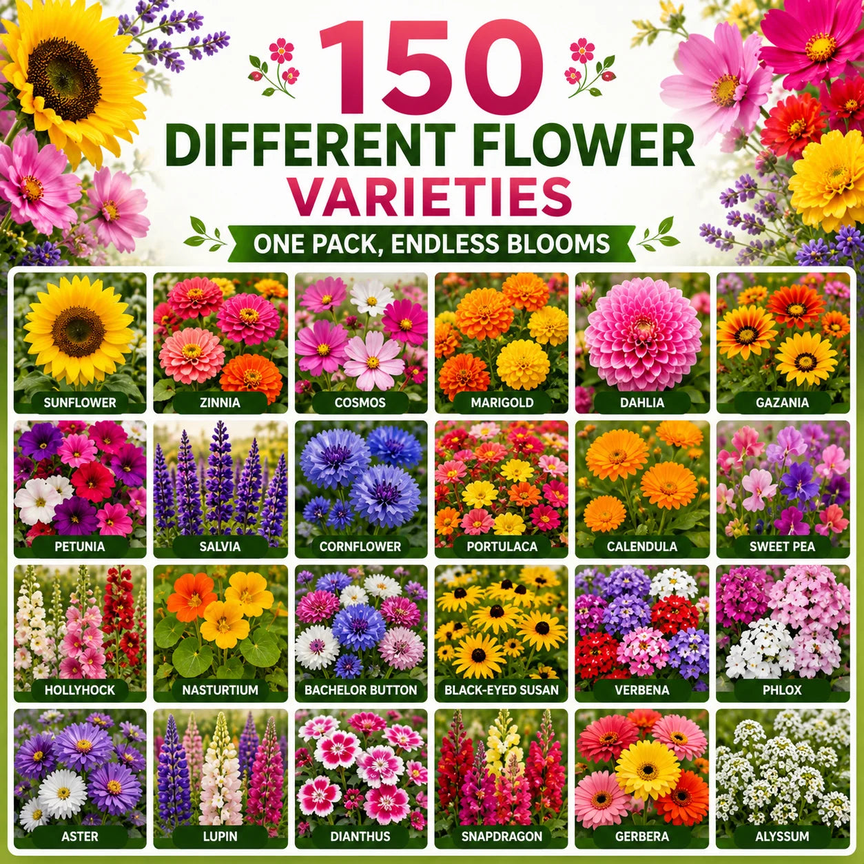 (150 Varieties) Exotic Flower Seeds Combo Pack – Organic Flower Seed Assortment for Home Garden (With Plant Growth Booster)