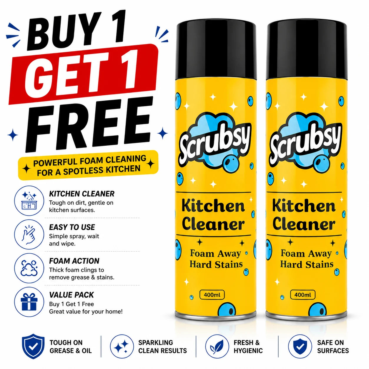 Foaming Kitchen Cleaner Spray (Pack of 2) – Heavy-Duty Chimney, Gas Cooker & Fridge Degreaser