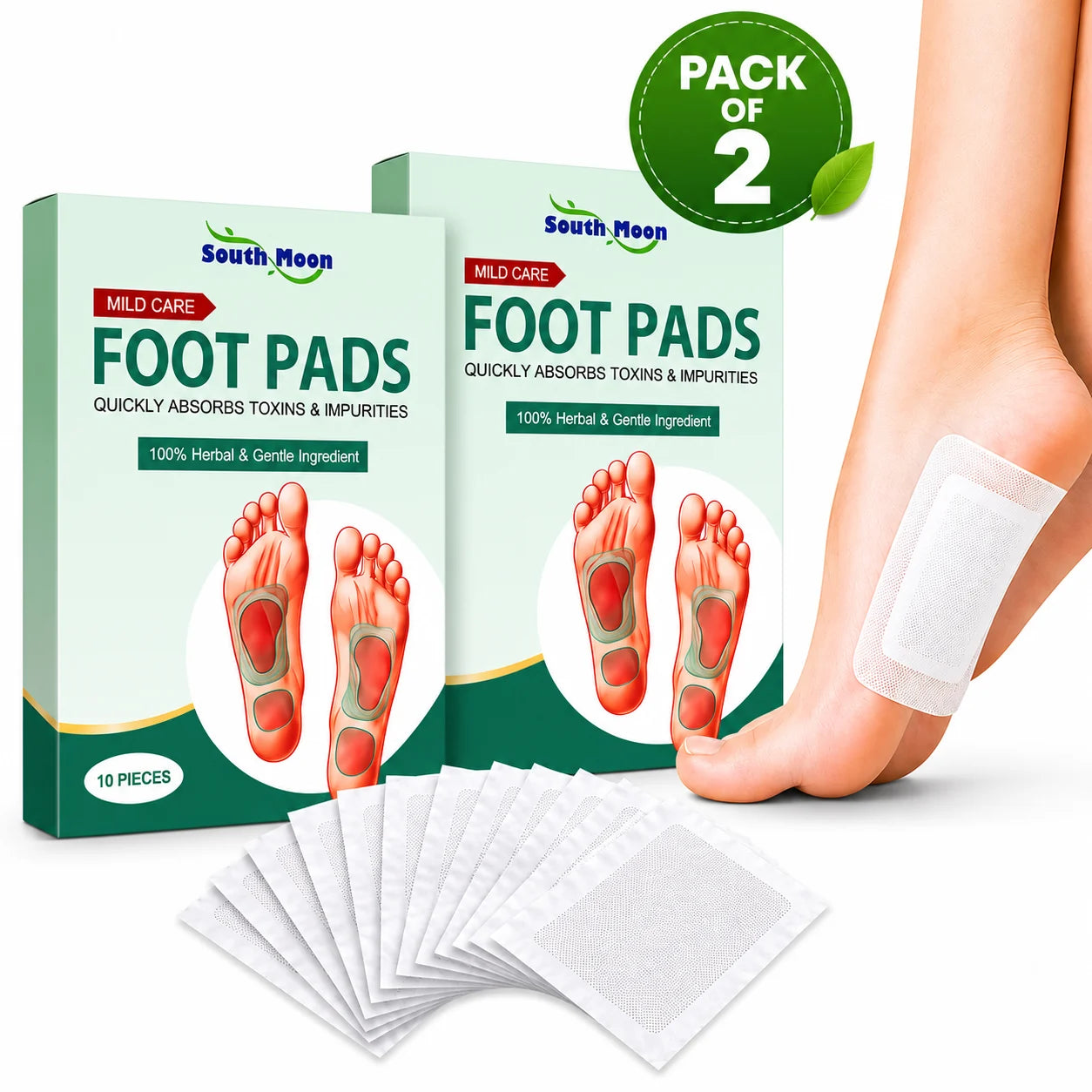 South Moon foot pads packaging with foot pads applied to a person's foot.