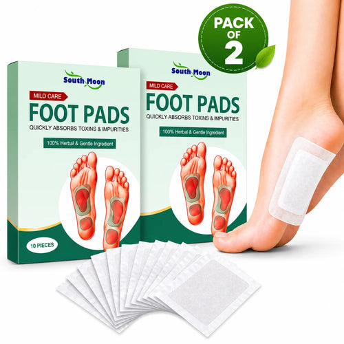 South Moon foot pads packaging with foot pads applied to a person's foot.