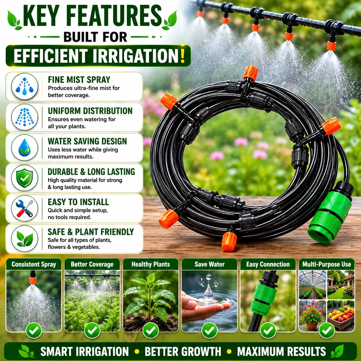 Garden Water Sprinkler Kit With Plant Water Dropper Adjustable Spray Nozzle(8 M,10 POINTS)