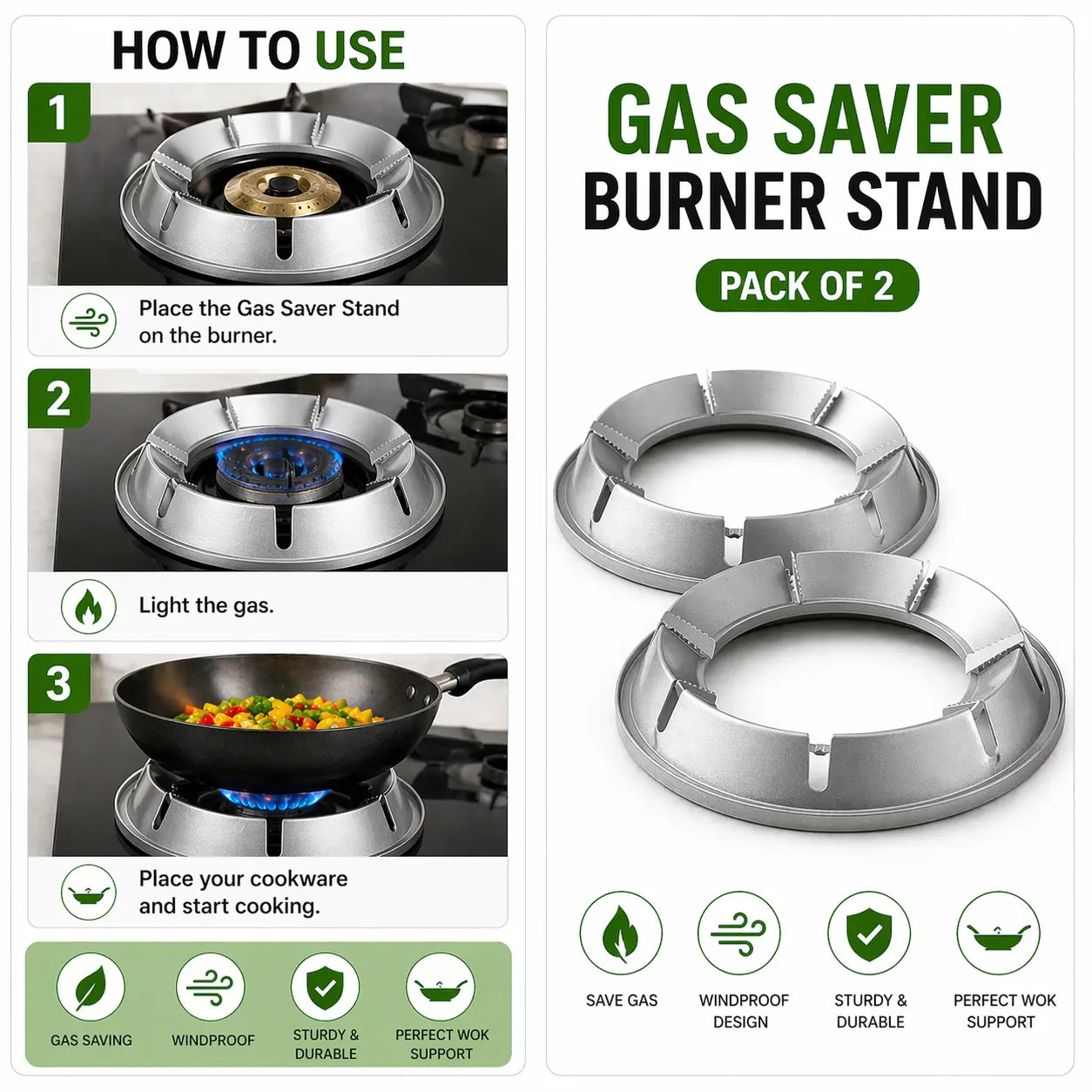 Gas Saver Burner Stand (Pack of 2) – Energy Saving Gas Stove Stand & Windproof Wok Support Ring