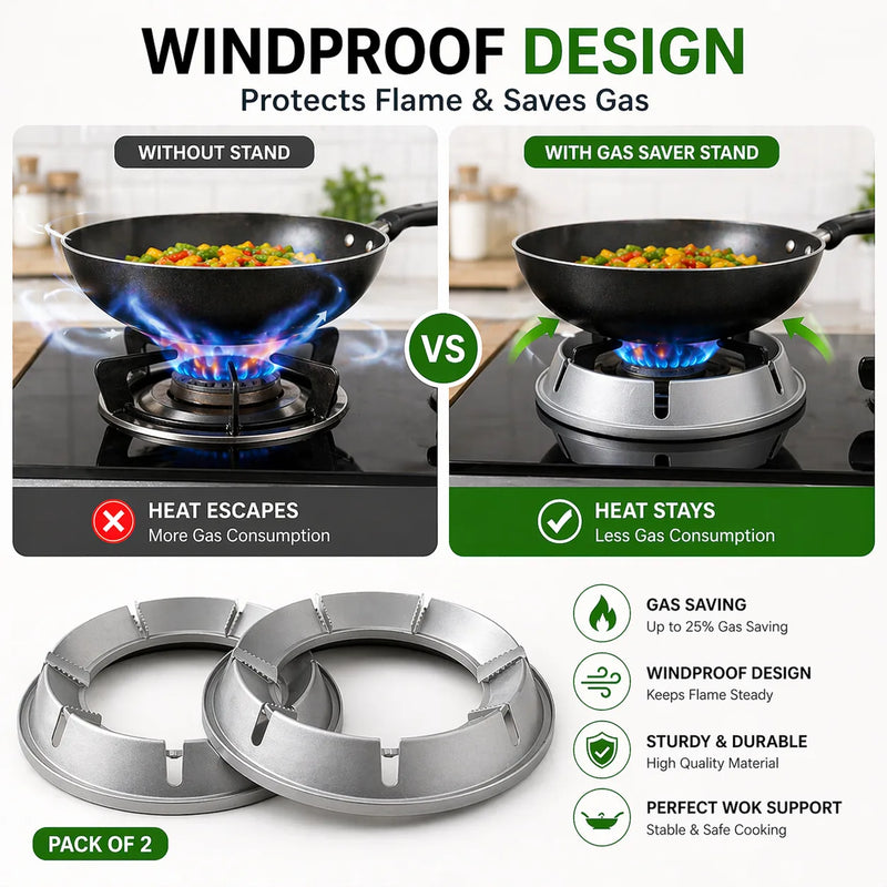Gas Saver Burner Stand (Pack of 2) – Energy Saving Gas Stove Stand & Windproof Wok Support Ring