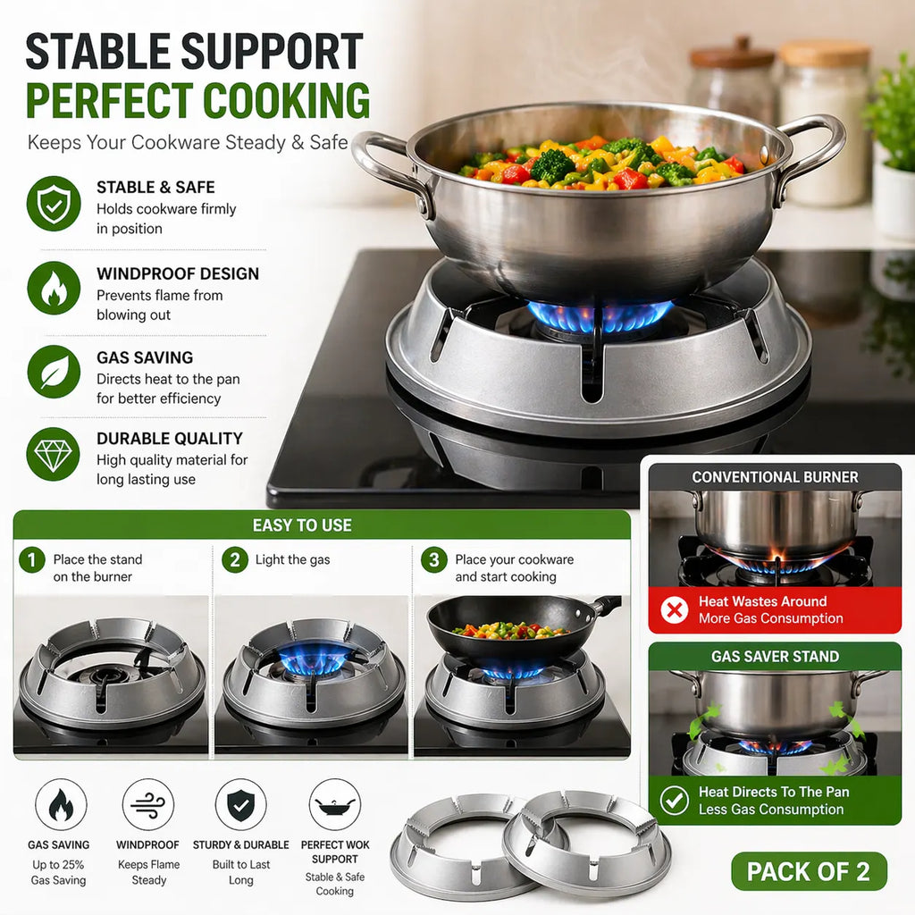 Gas Saver Burner Stand (Pack of 2) – Energy Saving Gas Stove Stand & Windproof Wok Support Ring