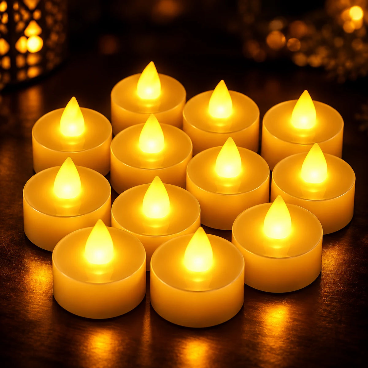 (Pack of 12) Decorative Diwali Diyas LED Tea Light Candles – Warm Yellow Electric Diya Lights for Balcony, Tabletop & Festive Home Decoration