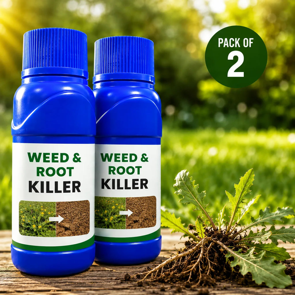 Two bottles of weed and root killer with a green plant on a wooden surface.
