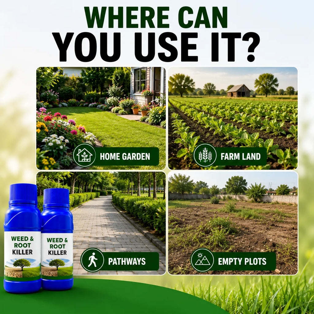Advertisement for weed and root killer showing its use in home gardens, farms, pathways, and empty plots.