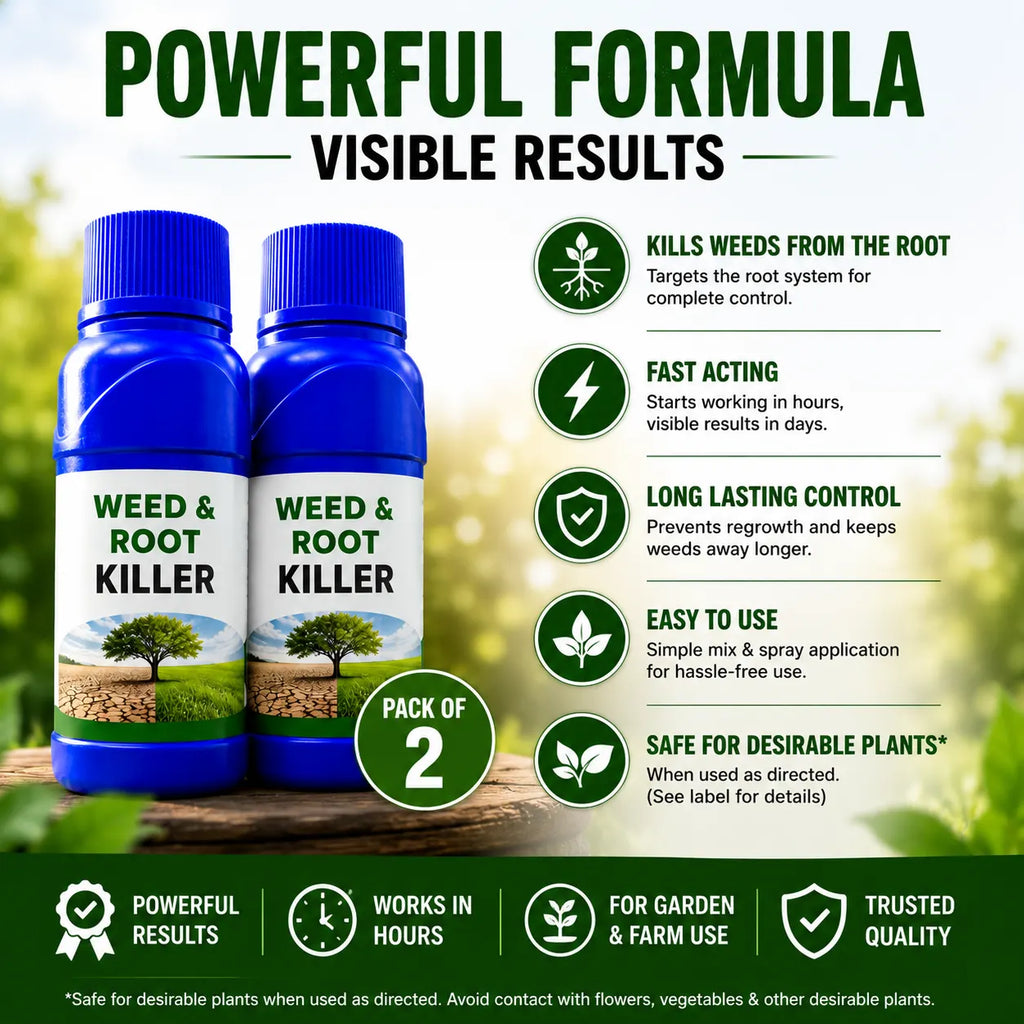 Two bottles of weed and root killer with product features on a natural background