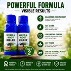 Two bottles of weed and root killer with product features on a natural background