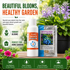 Plant growth supplement and seeds with flowers in the background