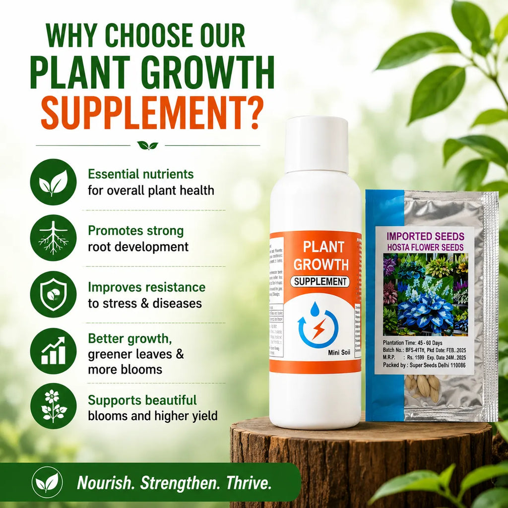 Plant growth supplement with packaging on a wooden stump, surrounded by plants.