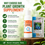 Plant growth supplement with packaging on a wooden stump, surrounded by plants.