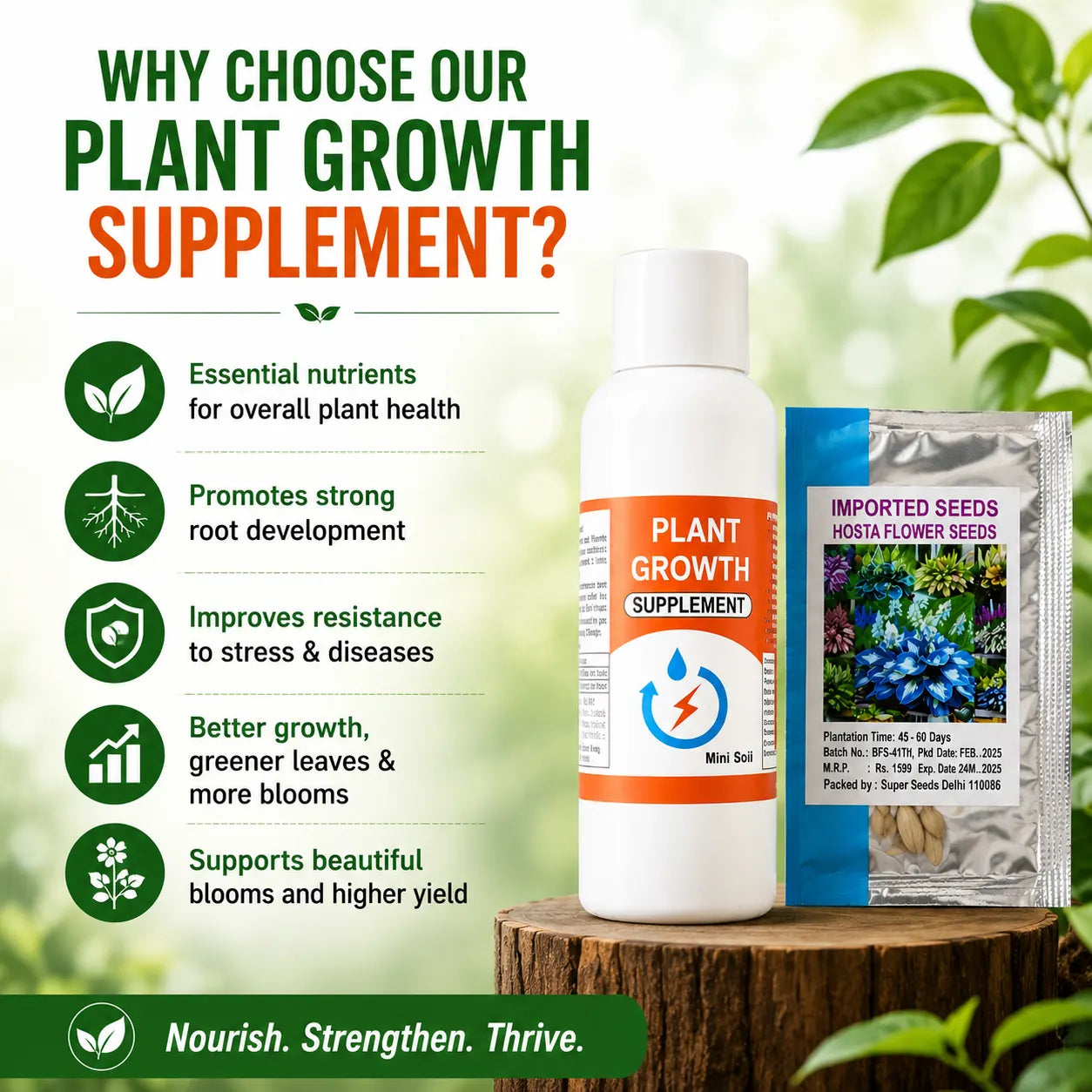 Plant growth supplement with packaging on a wooden stump, surrounded by plants.