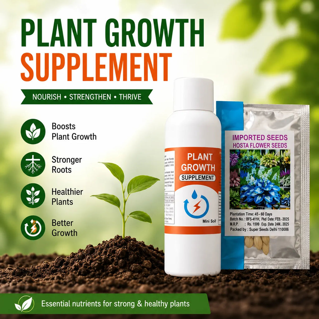 Plant growth supplement bottle and seed packet with soil and plant on a blurred green background