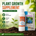 Plant growth supplement bottle and seed packet with soil and plant on a blurred green background