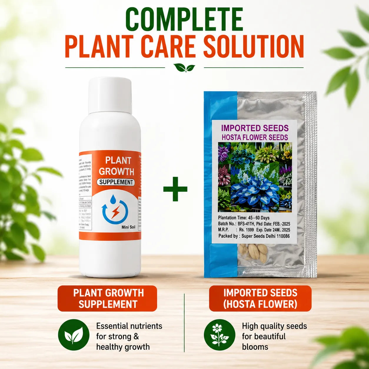 Plant growth supplement and imported seeds on a wooden surface with greenery in the background.