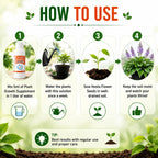 Step-by-step guide on how to use plant growth supplement with icons and text.