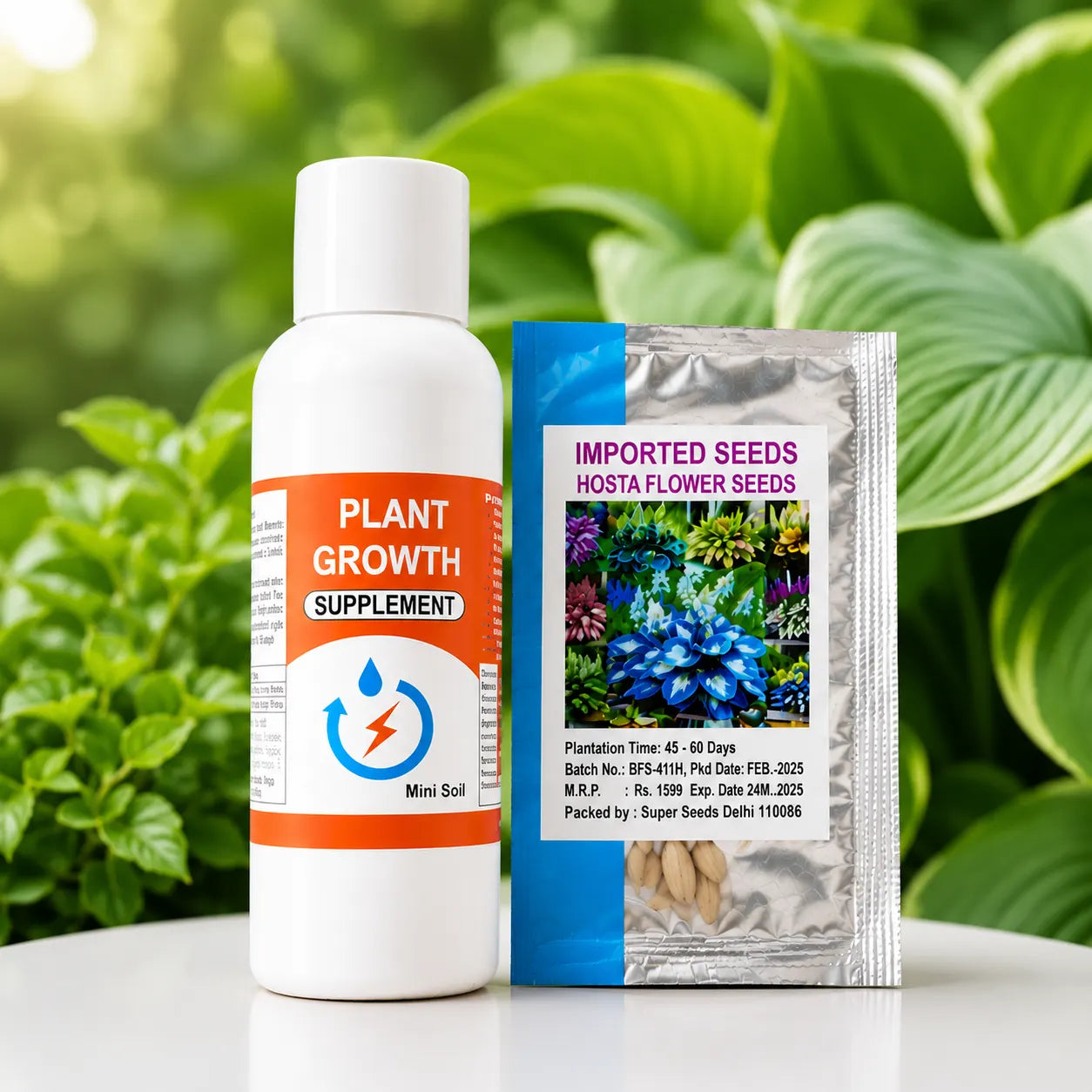 Plant growth supplement bottle and hosta flower seeds packet with green foliage background