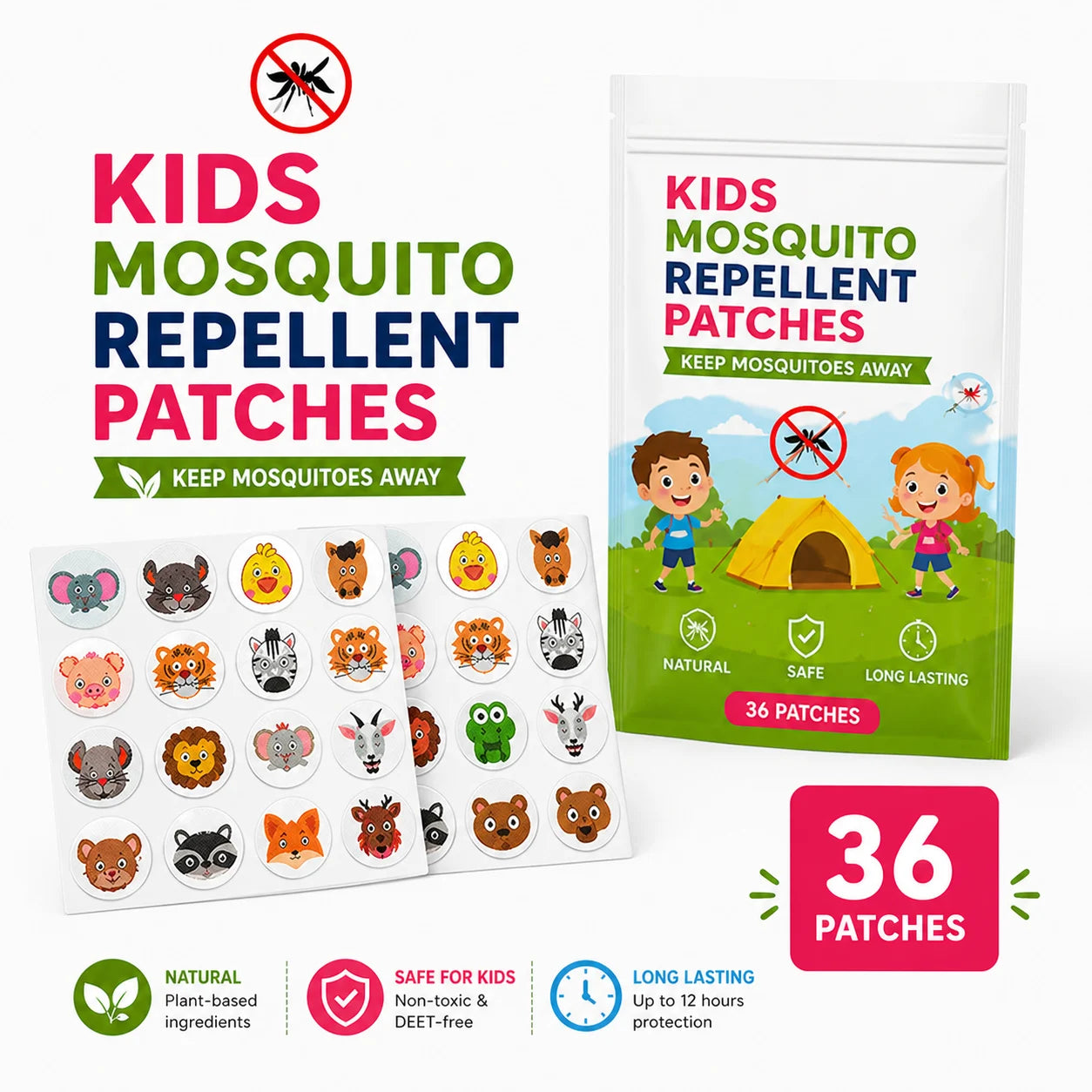 Mosquito Patches & Repellent Stickers for Infants & Kids | Natural Insect Repellent Patches | DEET-Free | Pack of 36 Patches