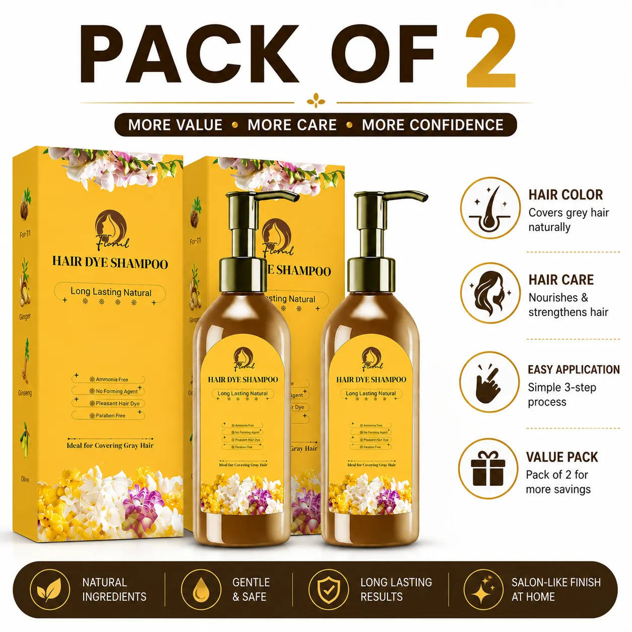 Natural Long Lasting Hair Dye Shampoo (Pack of 2) – Hair Dye Color Shampoo for Men & Women