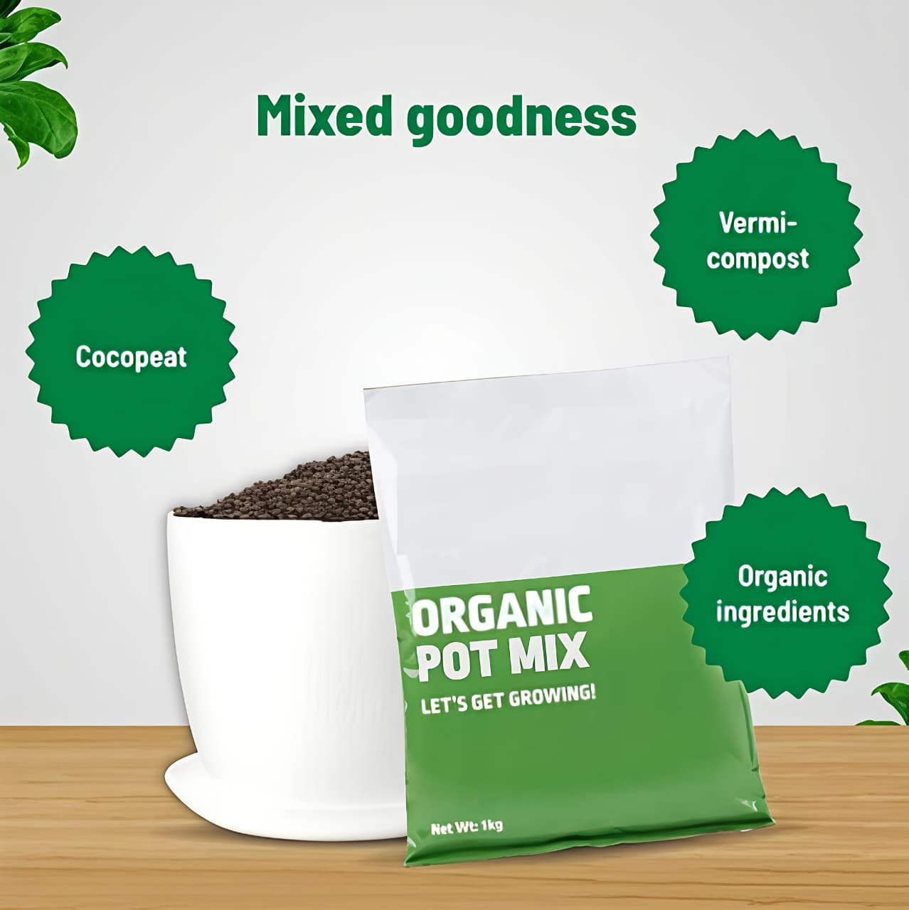 Bag of organic pot mix with a container of vermicompost on a wooden surface.