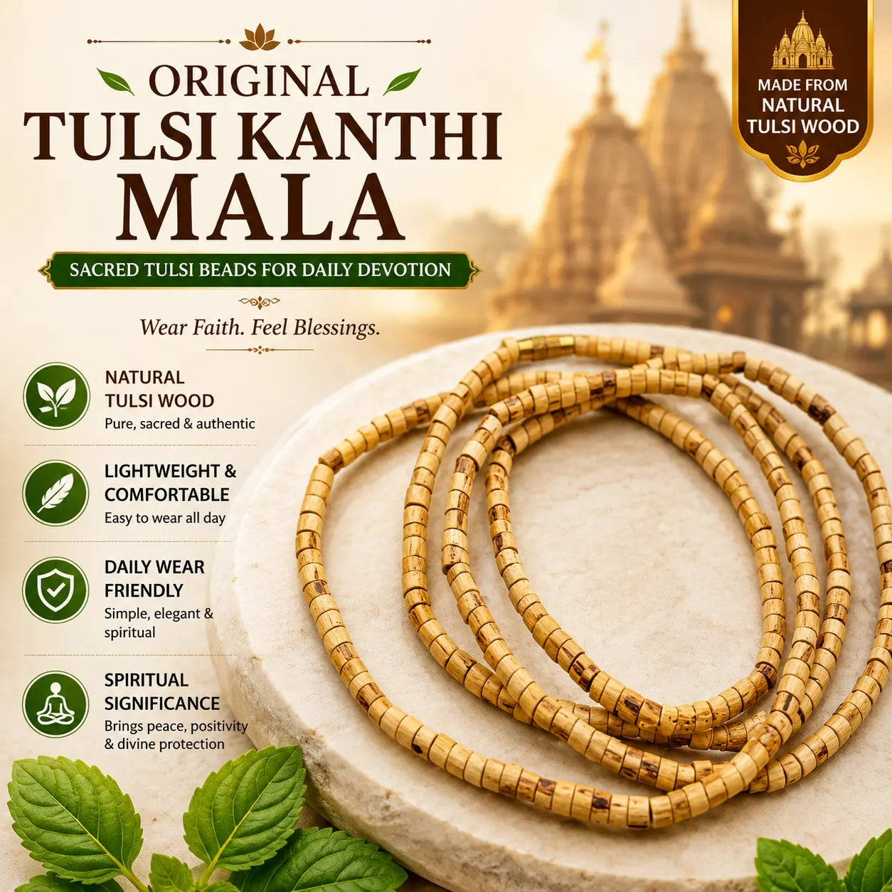 Original Tulsi Kanthi Mala – 100% Authentic Holy Basil Wood Tulsi Mala for Neck