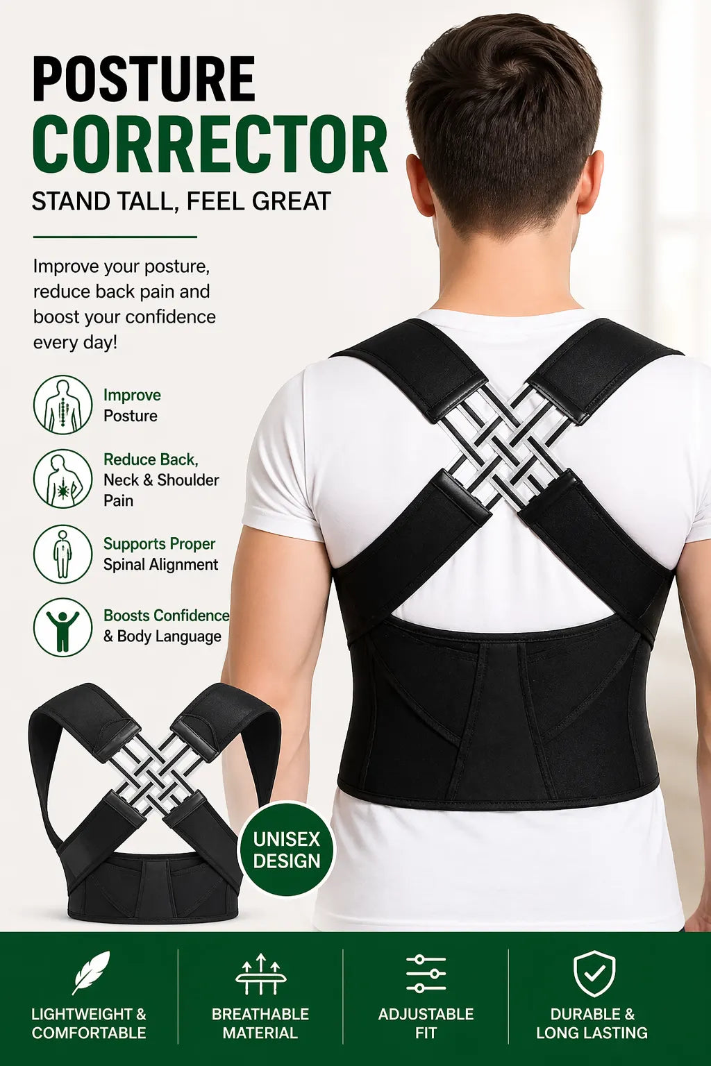 Posture Corrector Belt for Back Support – Adjustable & Invisible Back Straight Belt for Men & Women