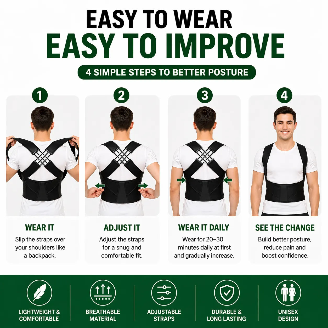 Posture Corrector Belt for Back Support – Adjustable & Invisible Back Straight Belt for Men & Women